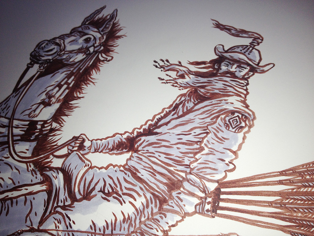 ink drawing Horseman archer brush