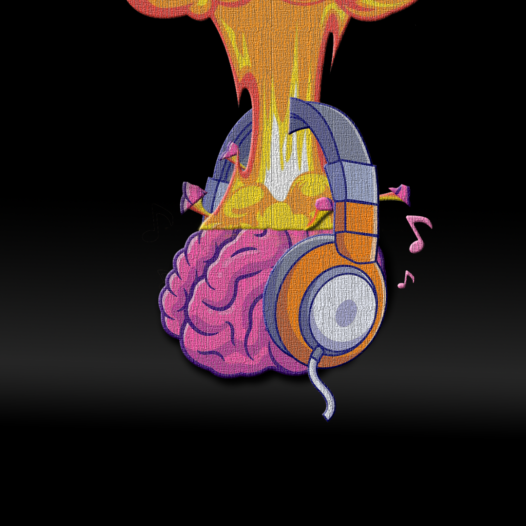 Um cérebro com fones de ouvidos explodindo, literalmente uma Explosão Cerebral