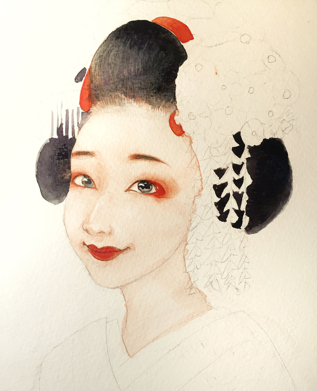 geisha gisaeng japan Korea watercolor handdrawing