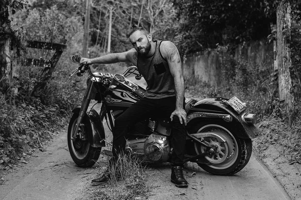 bw Classic ride motorcycle Young blonde male model shirtless sexy road trip