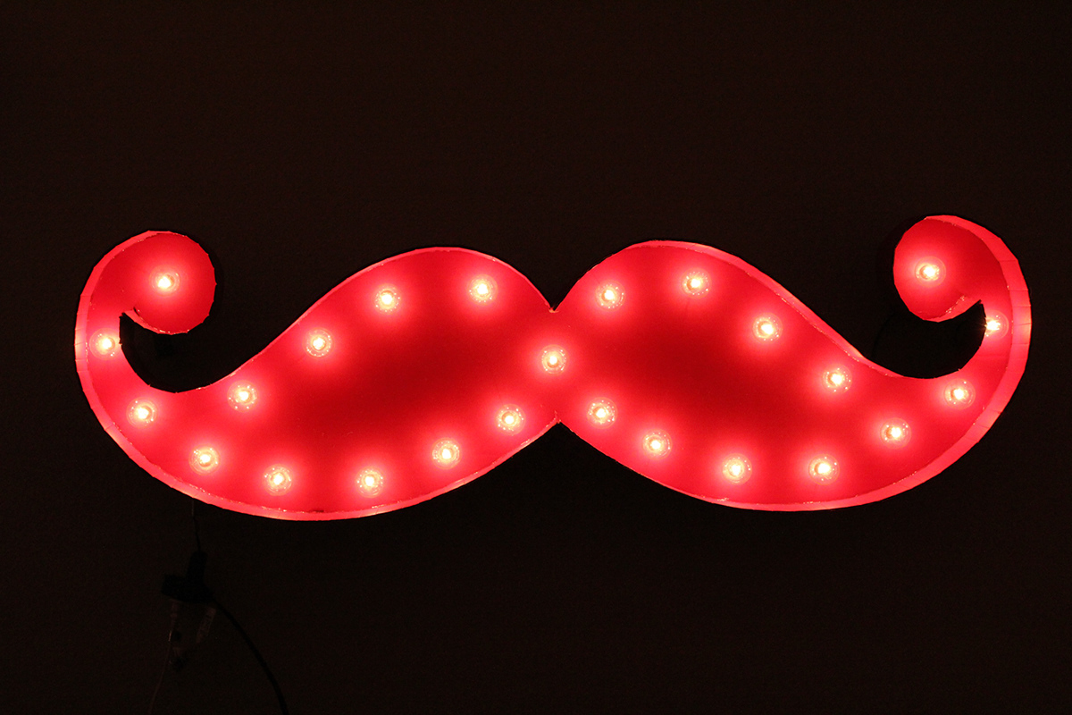 moustache  lights  red  bronze bright  shiny  cardboard