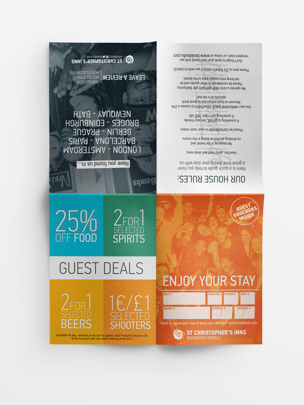 St Christophers Inn hostel hotel wayfinding Signage flyer banner businesscard merchandise