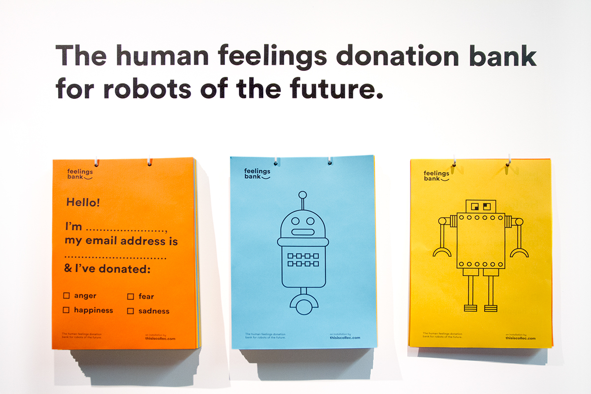 artificial intelligence experience design robot design fiction donation bank emotions Technology Art Installation interactive installation feelings