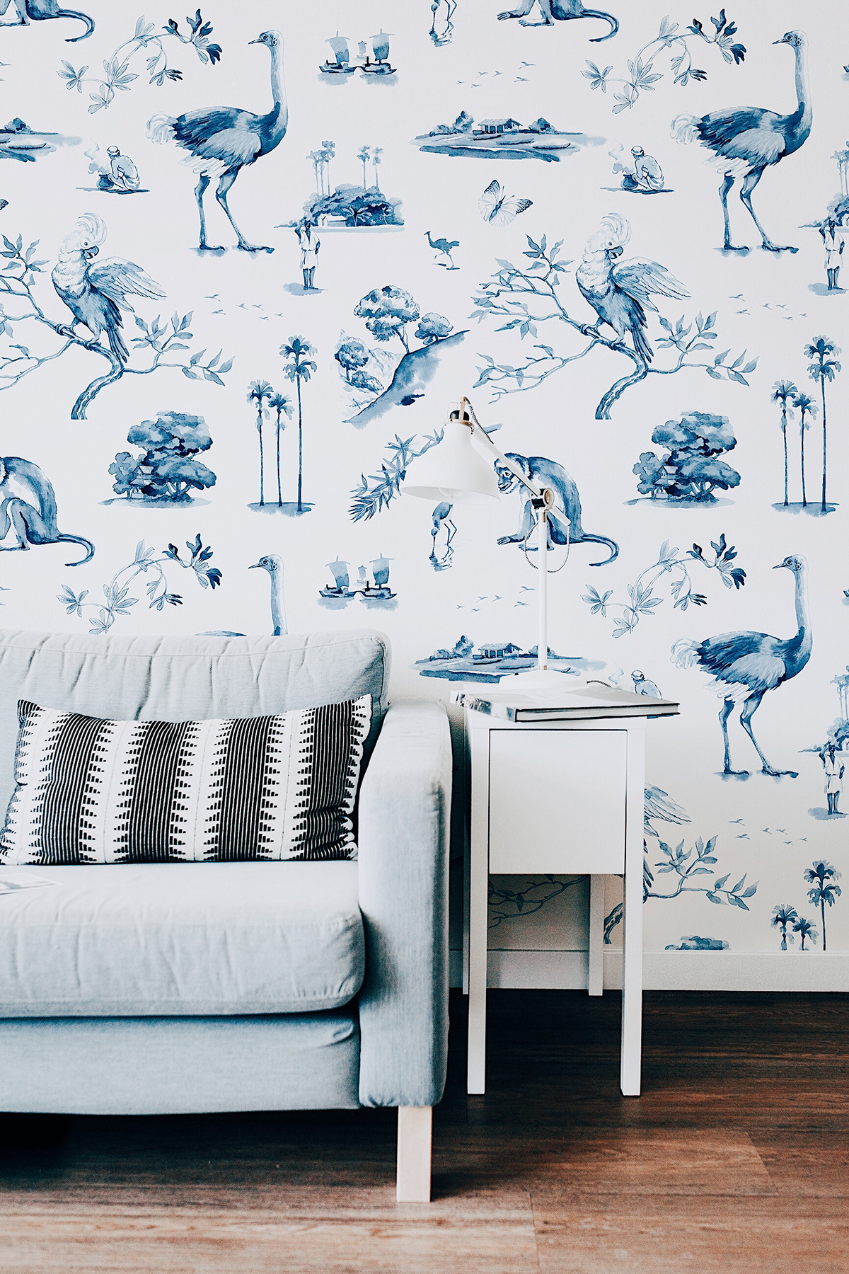 blue monochrome animals tropics exotic nautical Watercolor pattern wallpaper vintage style hand drawn