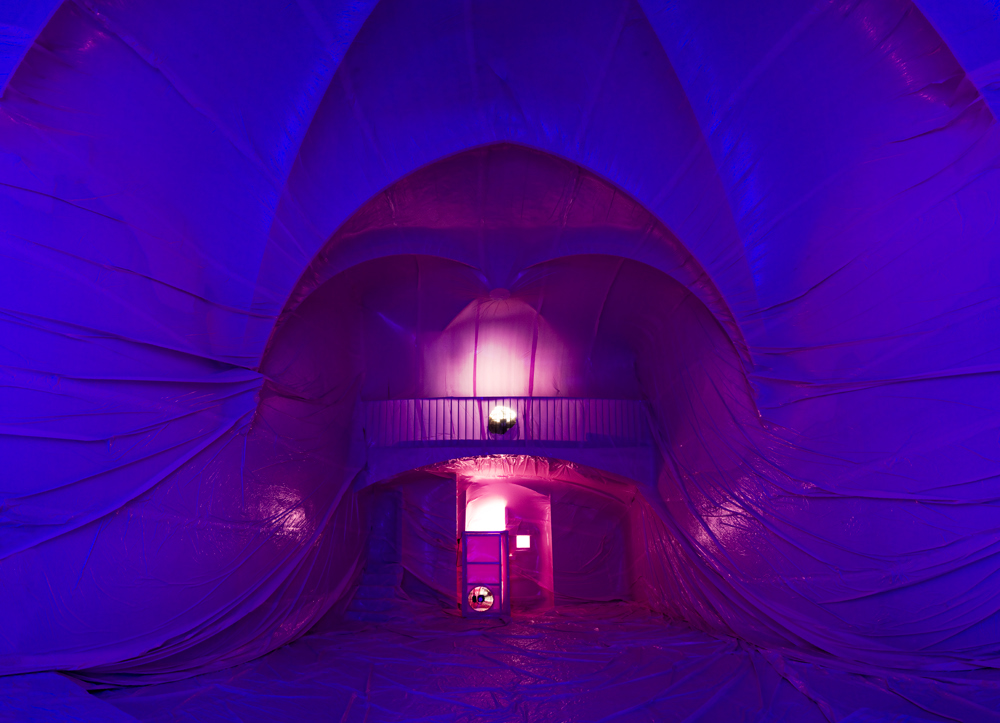 penique CAPELLA chapel inflatable air plastic colour blue pink church cross light Art Installation penique productions