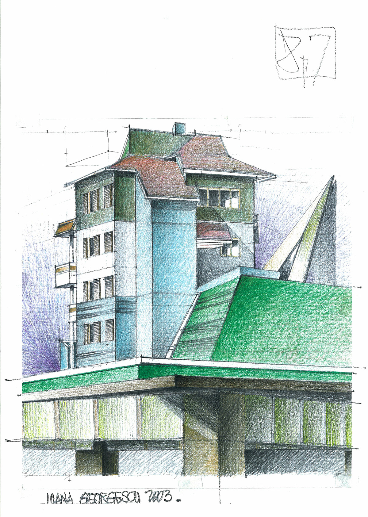 color black and white pencil watercolor Traditional media geometry Axonometric Projection Perspective bird eye view