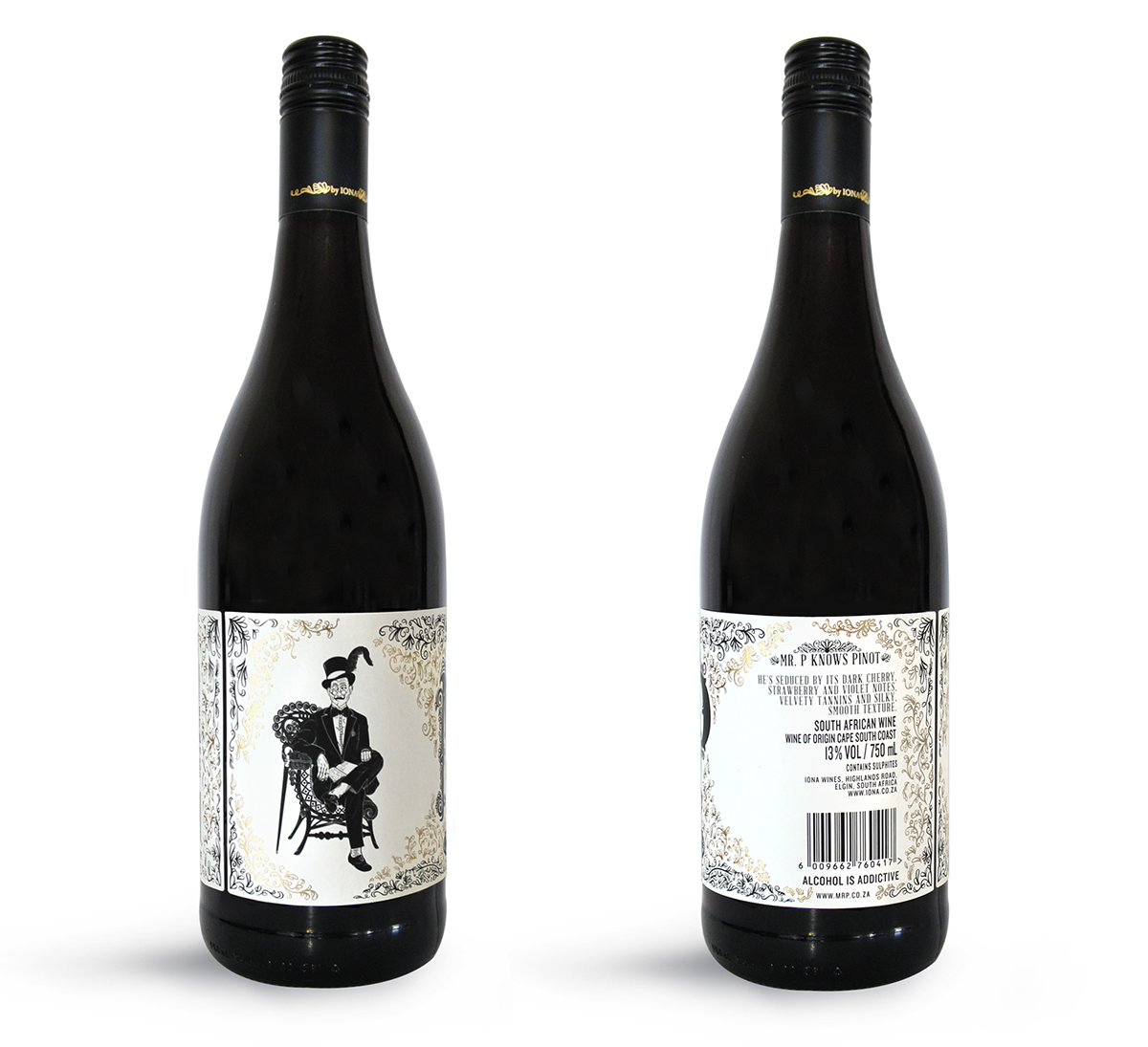 Wine label Design pinot noir Iona Mr. P label design gold foiling high build Wine Packaging type wacom