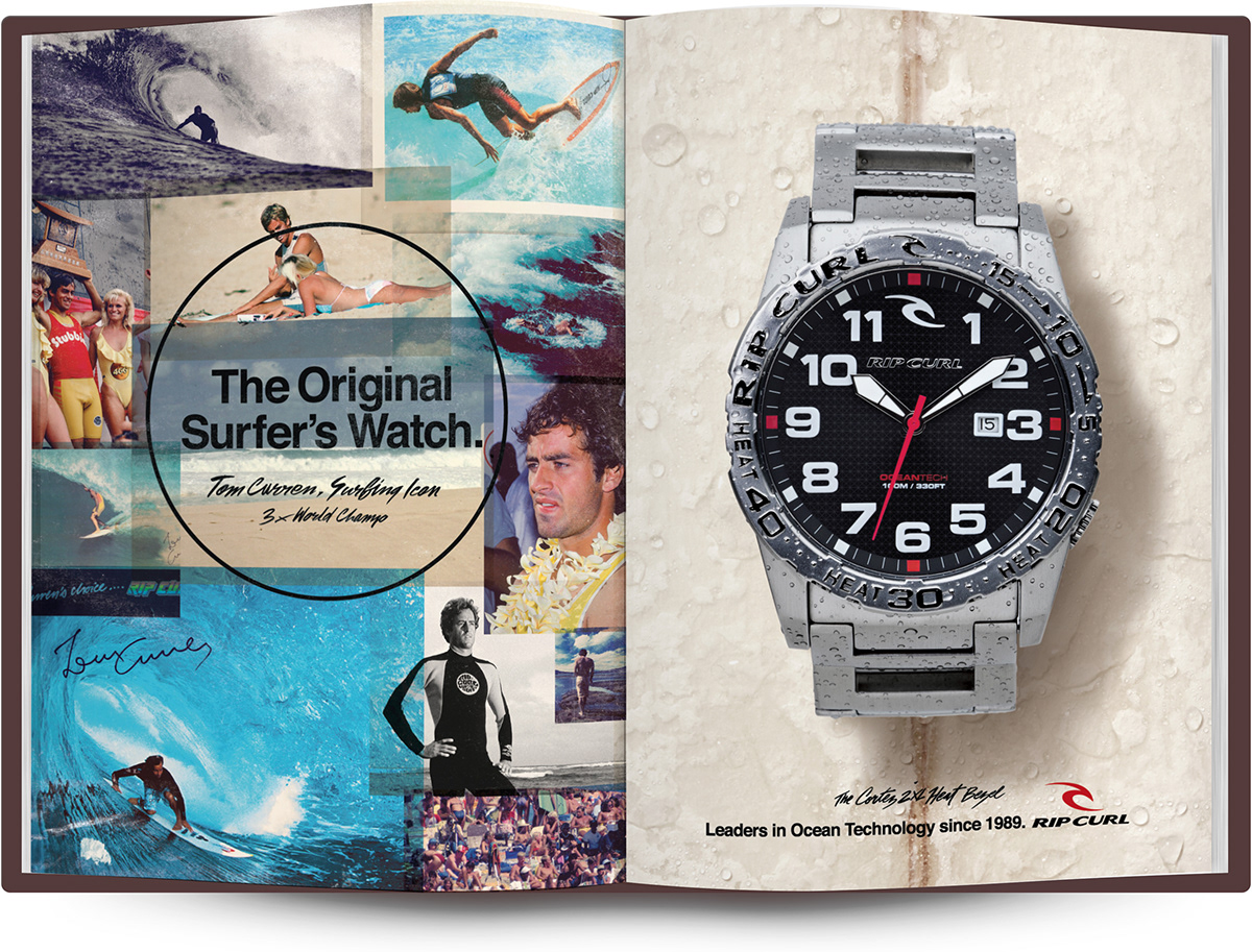 Rip Curl Watches publication campaign original surfer's watch leaders in ocean technology print Jimmy Gleeson jimmy gleeson design magazine tom curren surf watches tide watches history