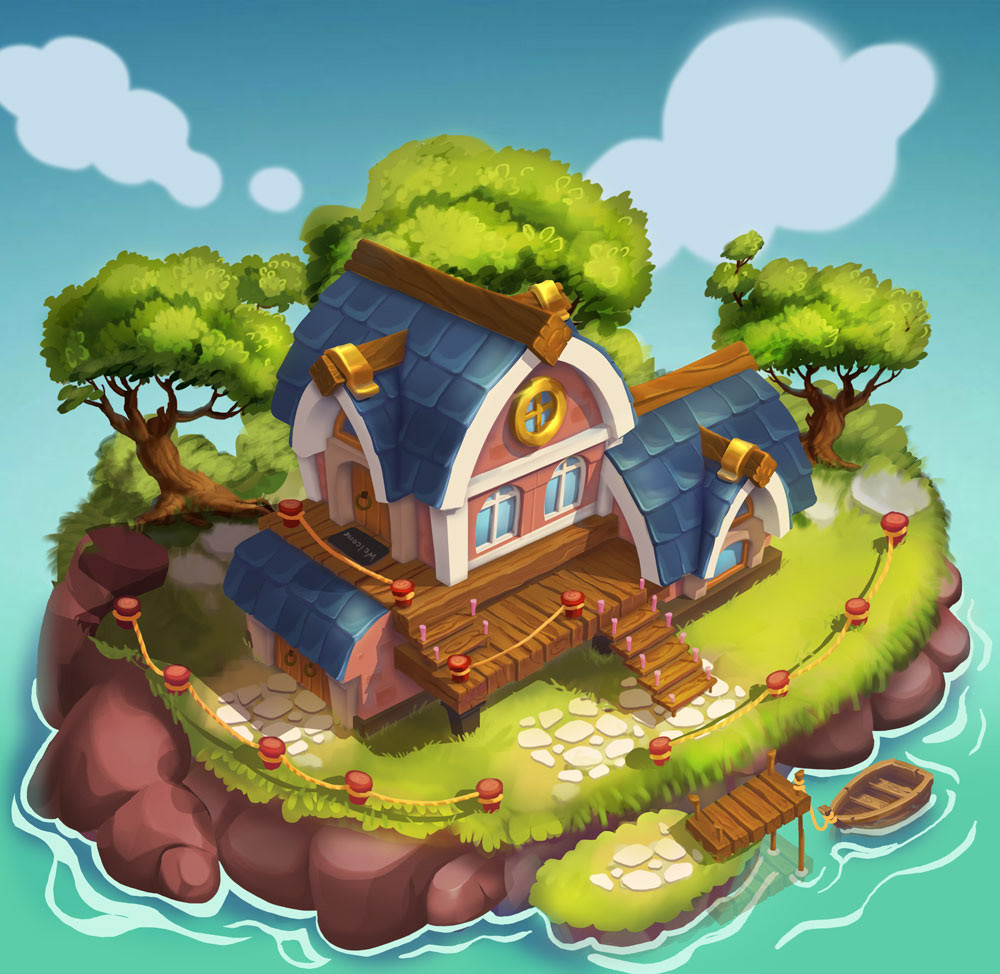 Isometric house architecture Digital Art  game design  environment CG Ocean fishing mobile background Island painting   ILLUSTRATION  sea boat