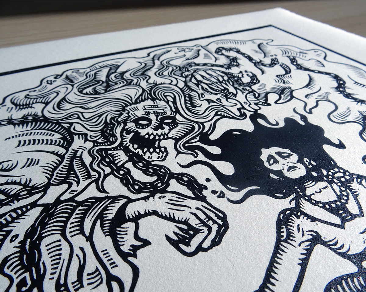 lino linocut Linoprint print seance horror gothic macabre printmaking Printmaker