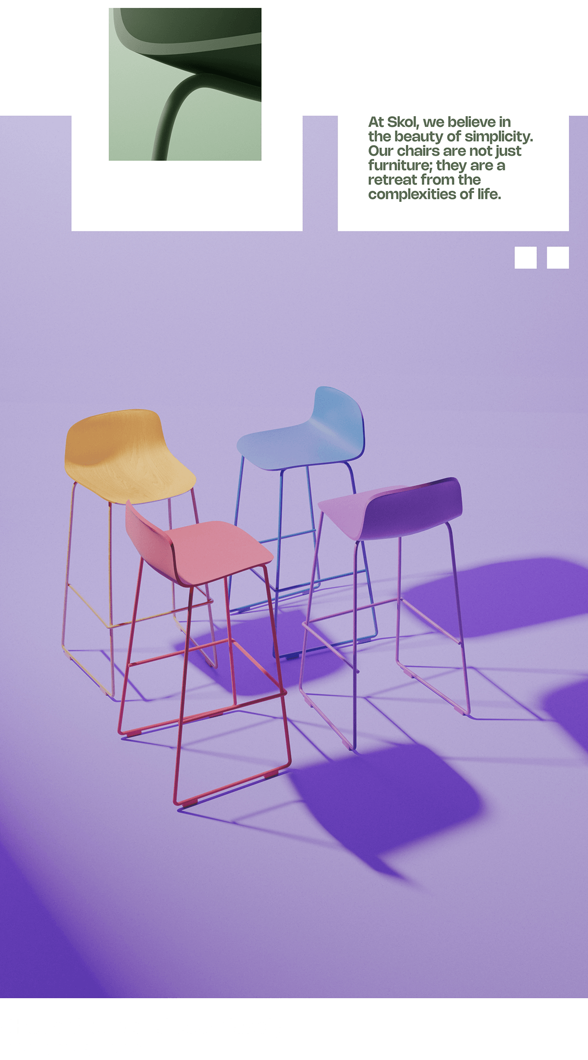 Colorful Skol chairs cast shadows on a purple floor, text overlay about simplicity