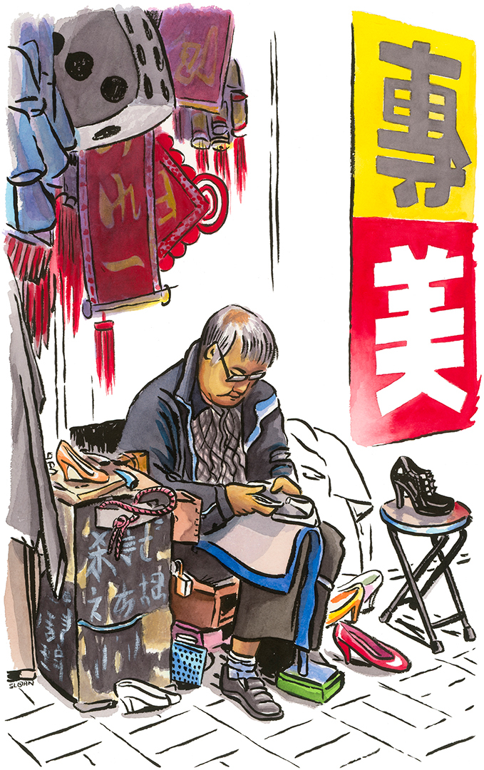 Hong Kong china asia watercolor sketchbook Travel street market portrait people Shopping market michael sloan michael sloan illustration Illustrator