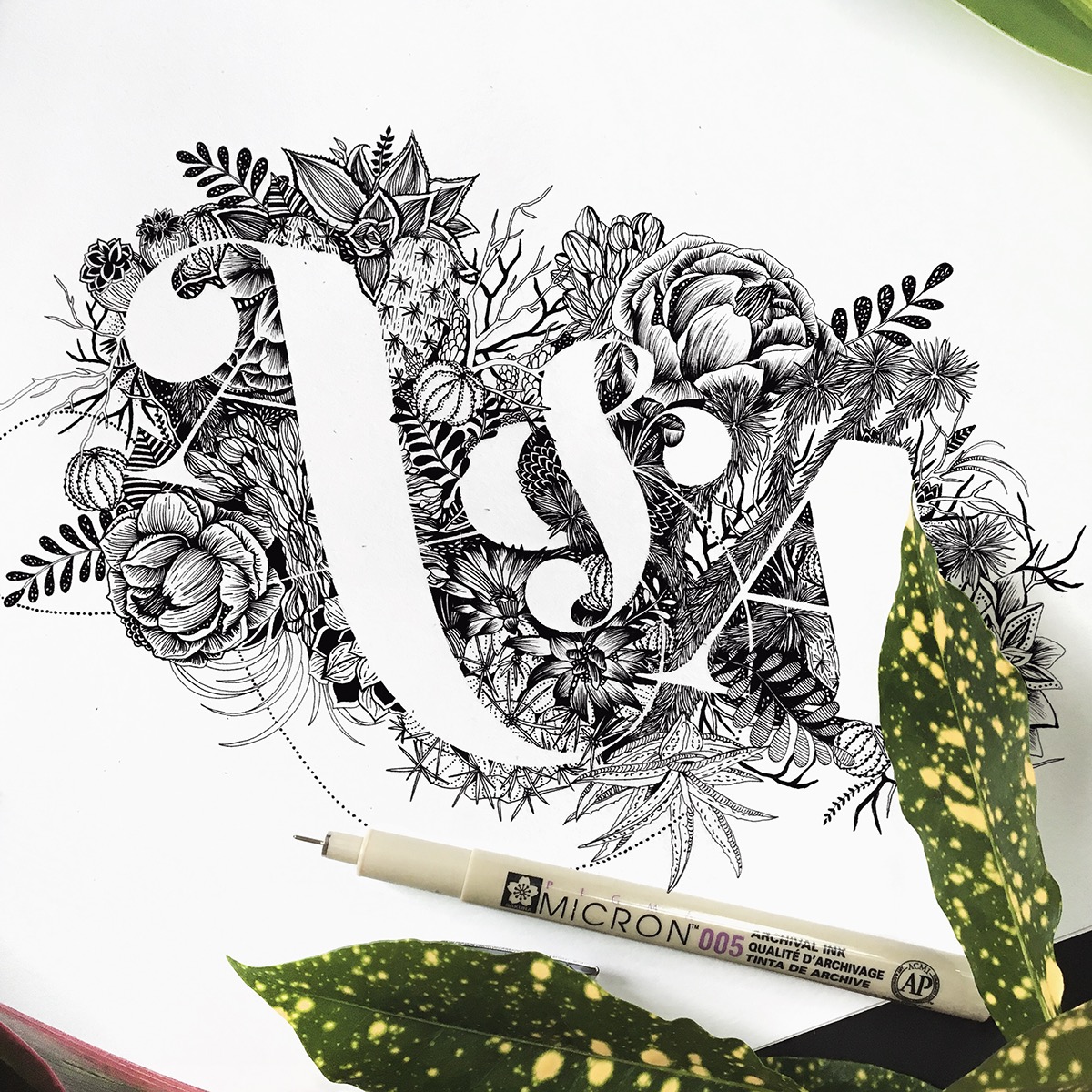 ILLUSTRATION  monochrome monogram logo botanical leaves pattern intricate ink geometric