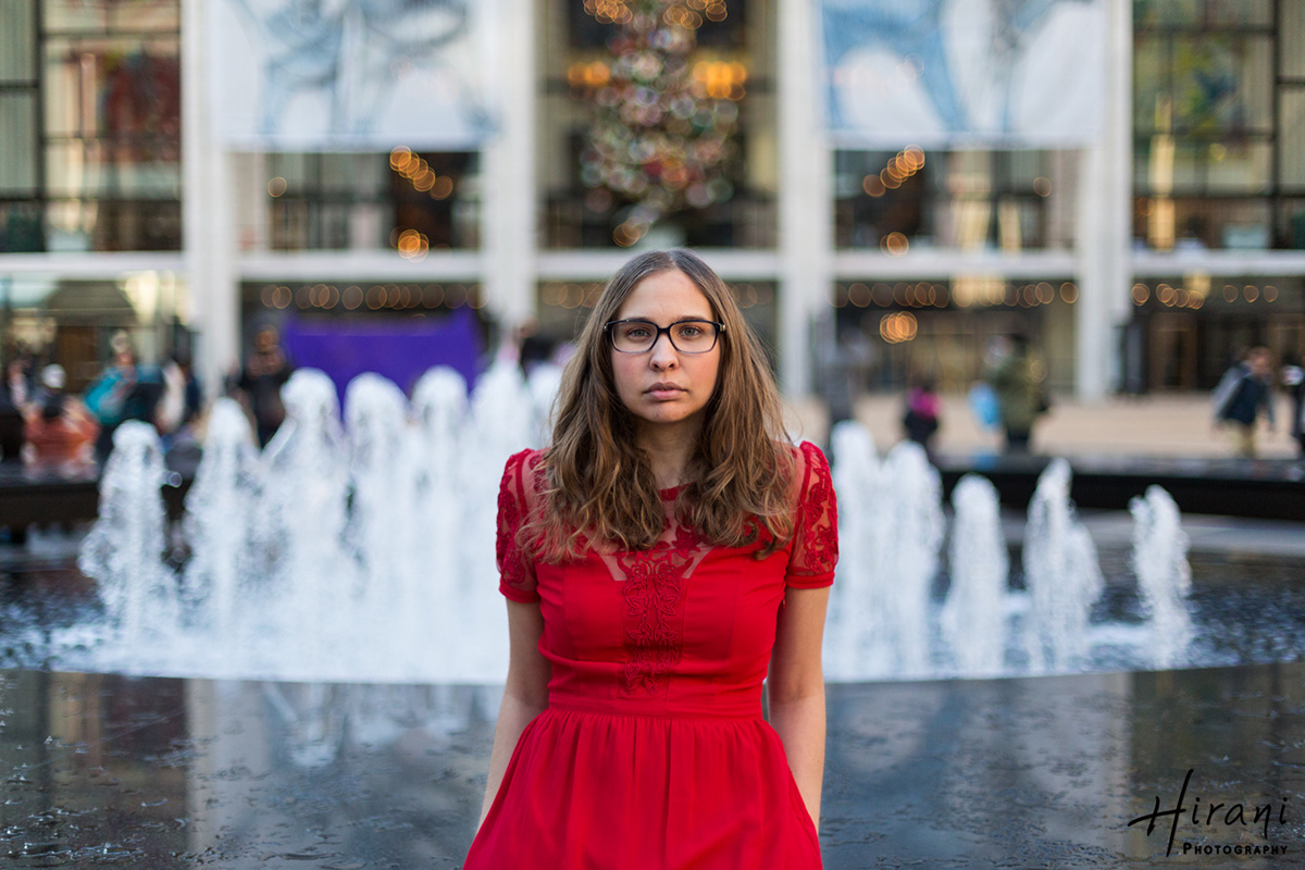 portrait red dress new york city Natural Light library lincoln center nyc