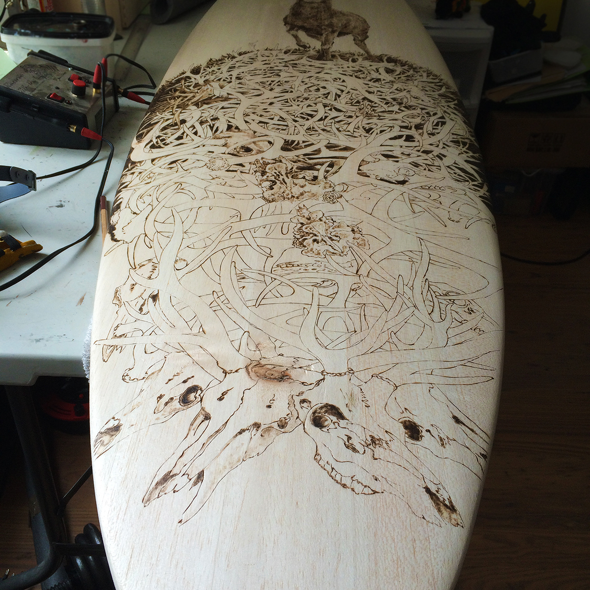 WorkInProgress surfboard pyrography woodburning