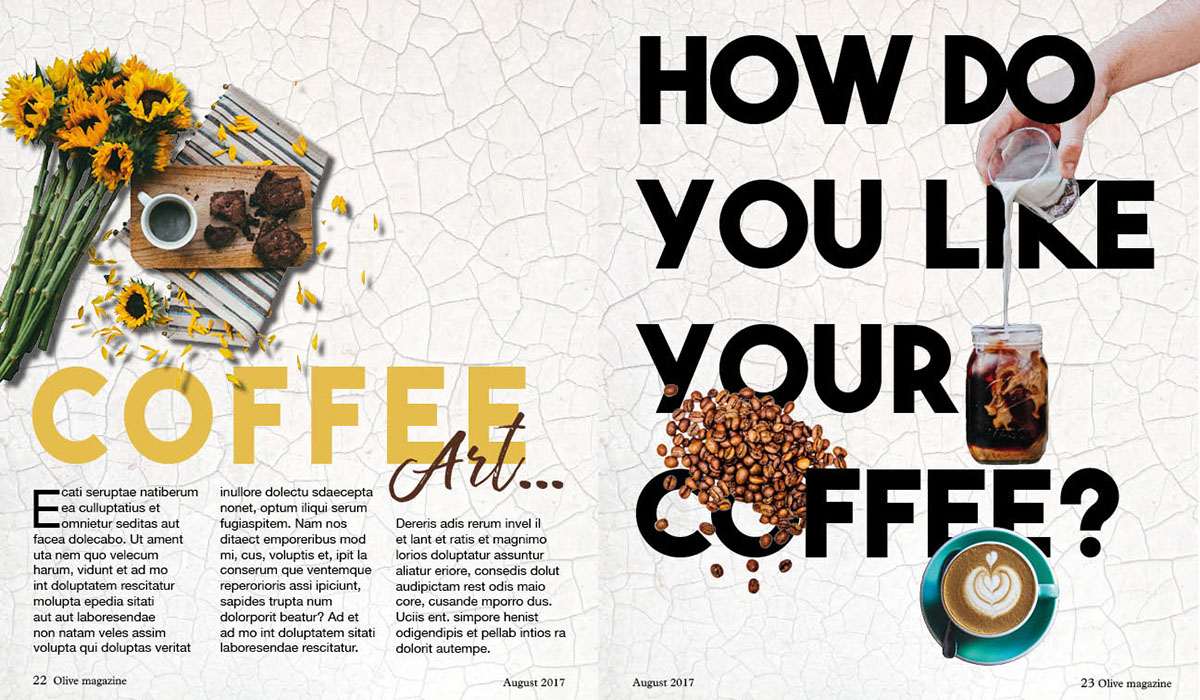 magazine Coffee pancakes Flowers design InDesign photoshop Layout text