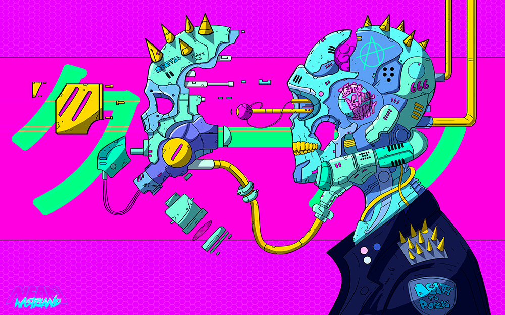 Cyberpunk vaporwave augmented reality Comic Book science fiction skull