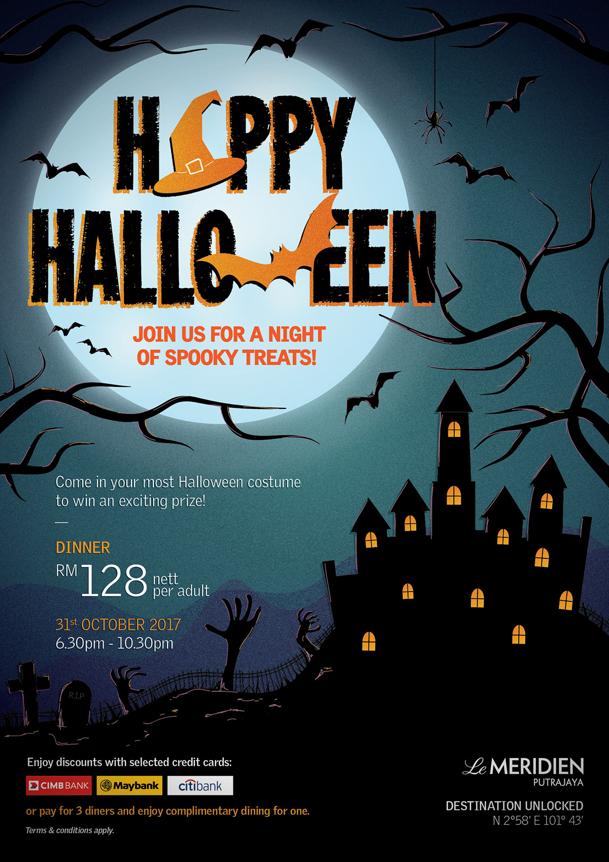 Halloween poster night pumpkin bat grave hotel poster ILLUSTRATION  illustration poster Drawing 