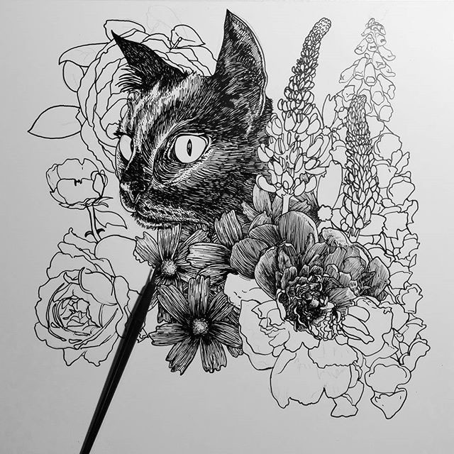 Cat Flowers penandink clayboard TRADITIONAL ART HAND LETTERING