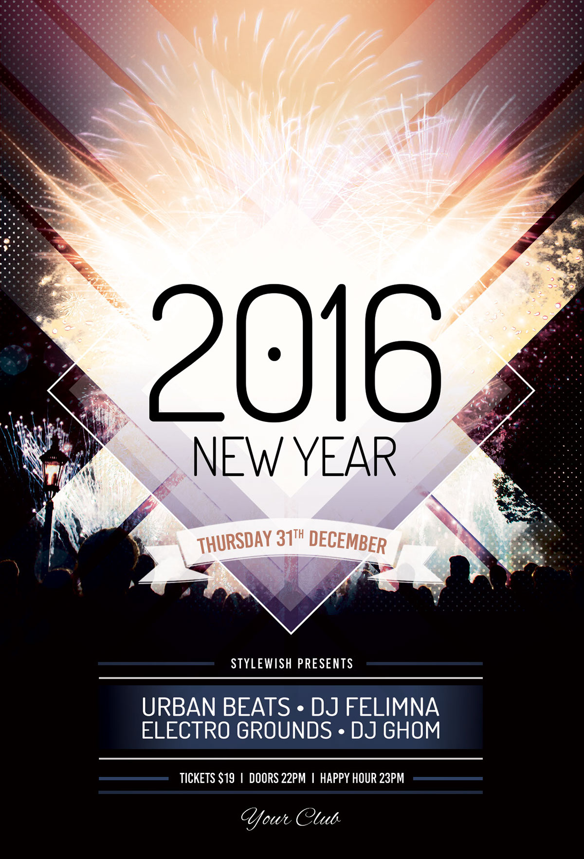 new year poster new years Eve New Year Party Nye flyer celebration celebrate firework fireworks glow lights night crowd