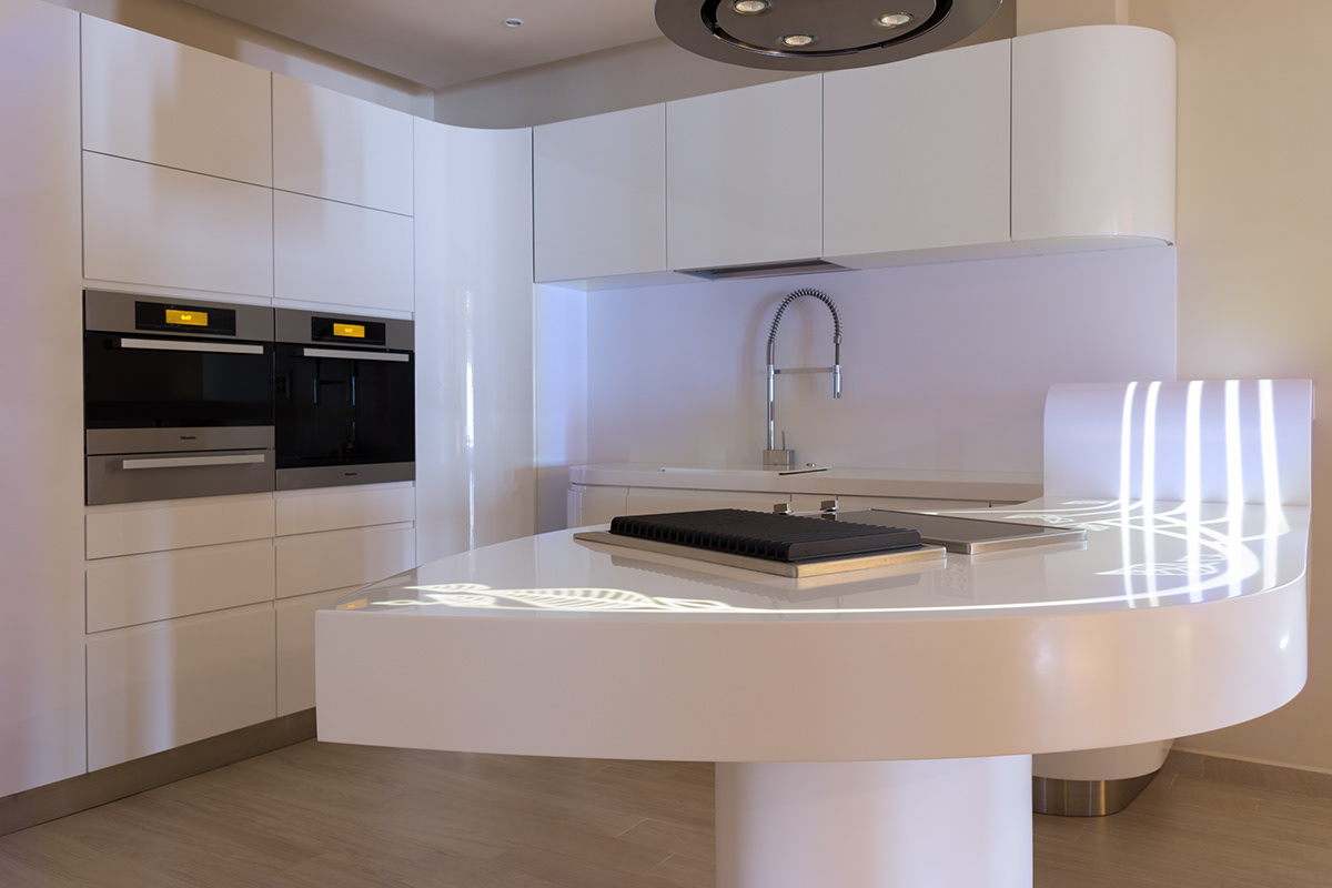 kitchen design kitchen island design comopite materials HI-MACS curved painted veneer