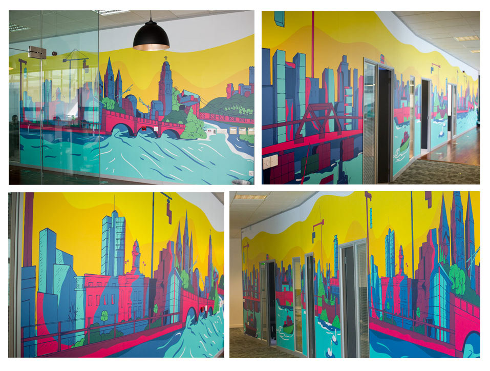 Office Design Wall Mural Design tech office graphics Office wall graphics Teamwork Design wall mural graphics handdrawn illustration mural wall art cool office graphics