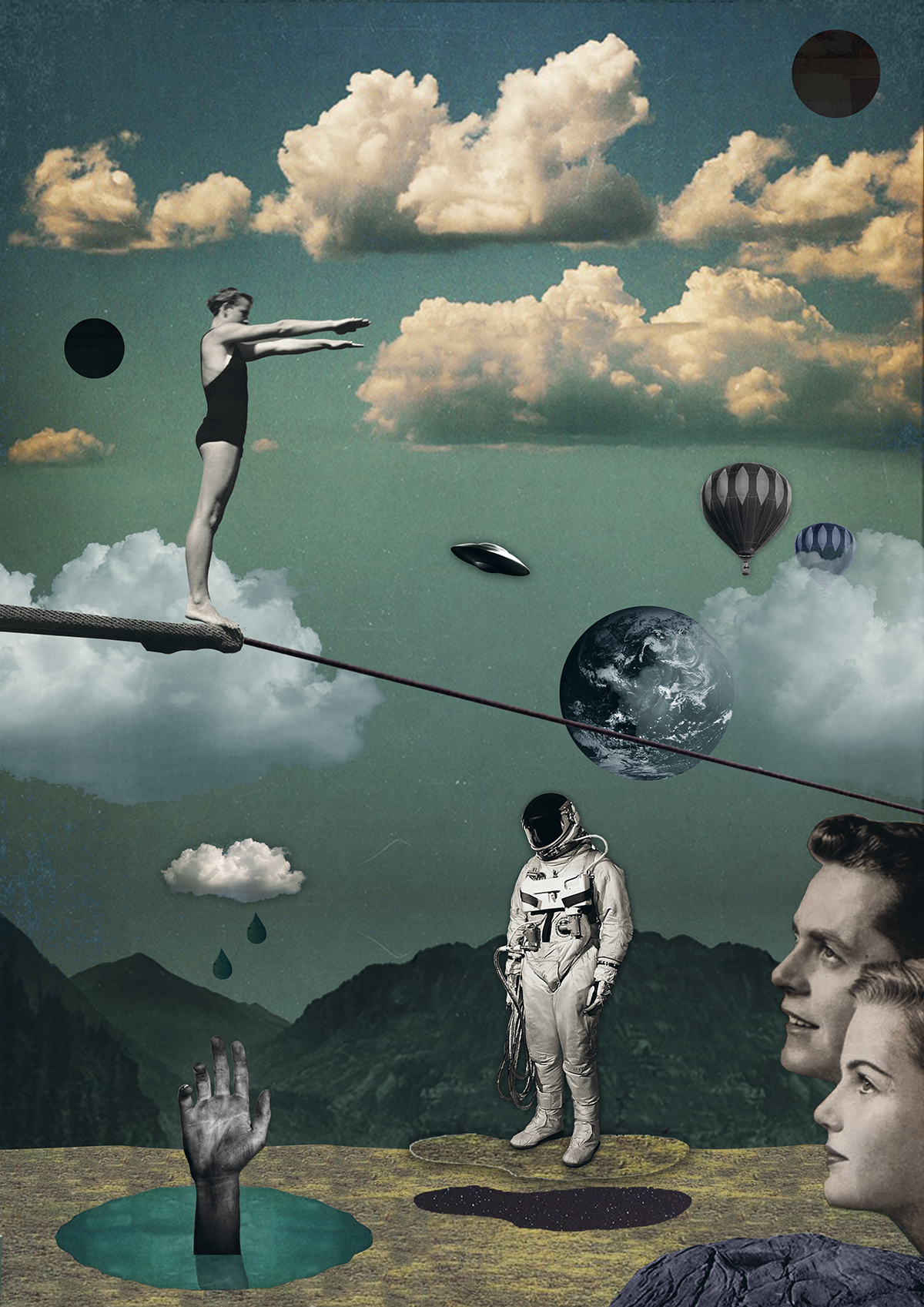 collage ONEIRIC surrealism digital poster clouds astronaut alienation mixed media earth