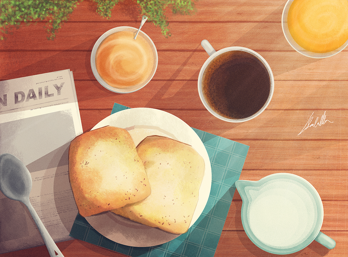 breakfast 9 am Am table Food  bread orange juice milk wood newspaper cream Coffee MORNING top
