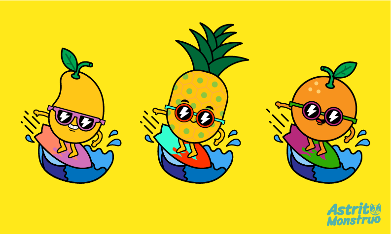 #character design #cyclist #flavors #fruits   #glasses #Spring #surfer #urban style #Vector
