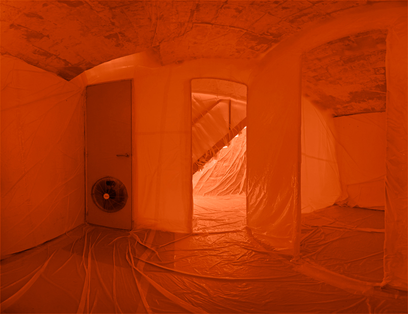 art penique productions sala buit sala b air installation ephemeral inflatable big orange rooms light plastic