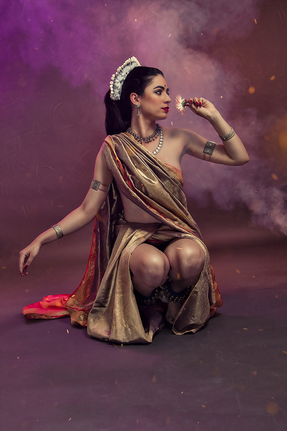 woman gold indian Hindu photo shoot Brazil color smoke sexy
