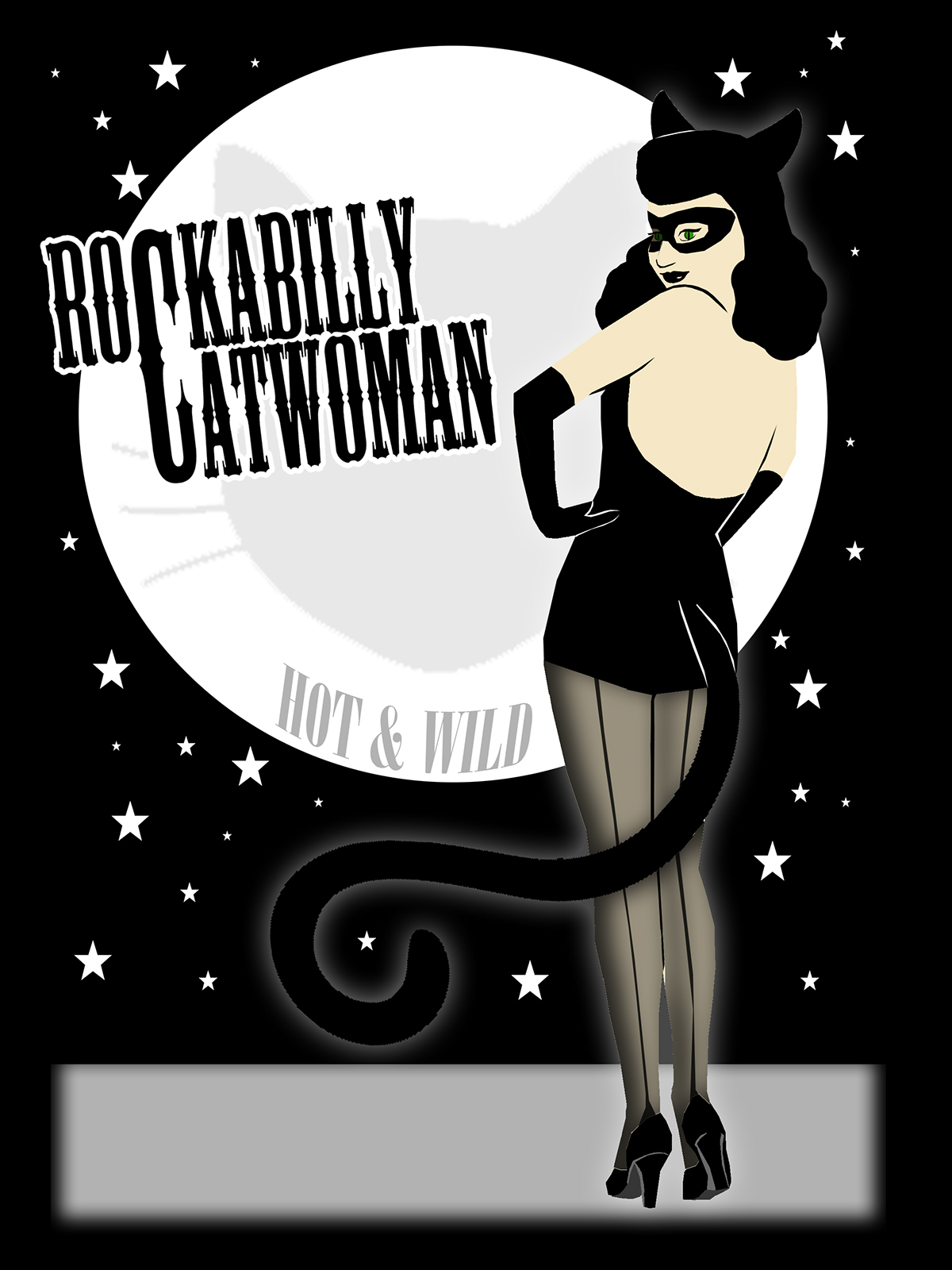 Rockabilly catwoman owl devil evil girl pin up digital art kiwi Rocker hibisus