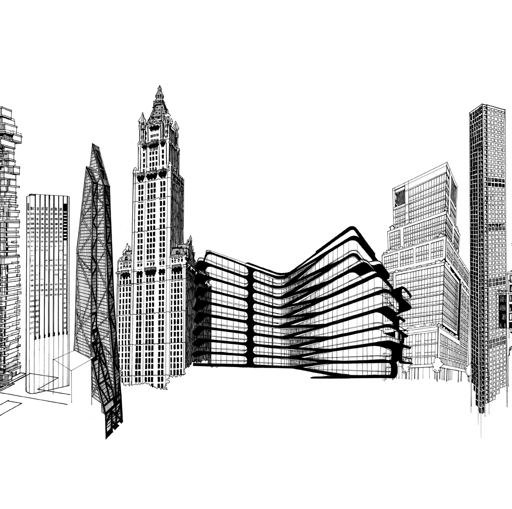 buildings line drawing architecture skyline ILLUSTRATION  pen and ink Woolworth skyscraper