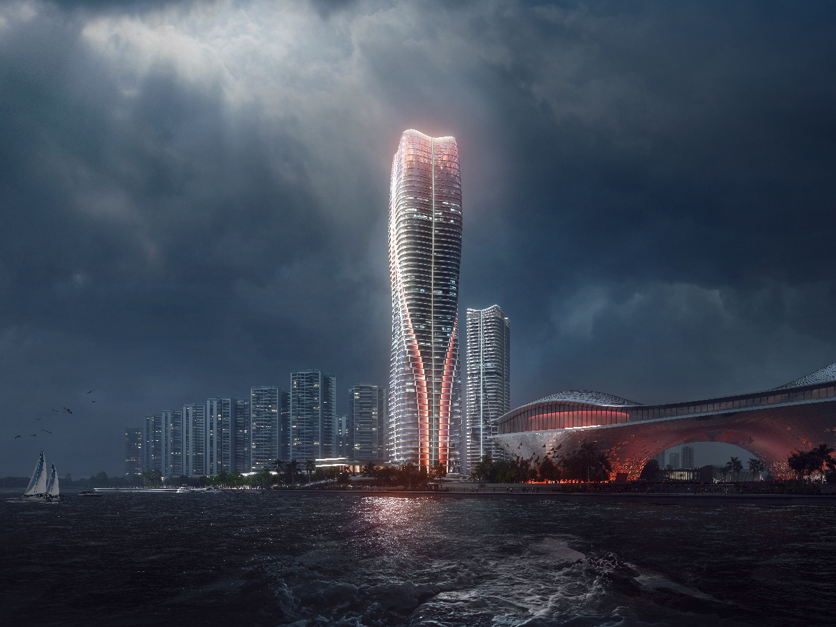 architectural design Competition Harbourfront highrise hotel Office Render Retail