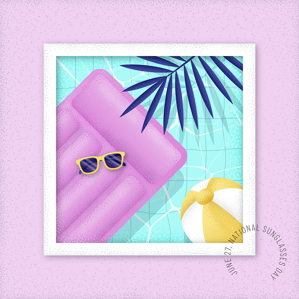 National Sunglasses Day, illustration of sunglasses lying on a inflatable mattress in a pool 