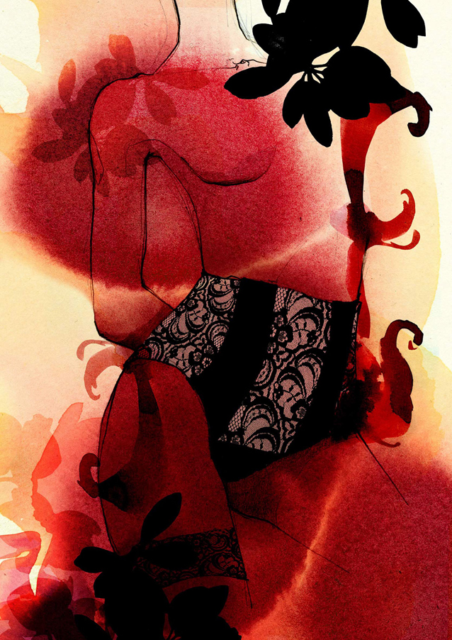 Ekaterina Koroleva  fashion illustration  watercolor  ink  pen  portrait  flowers   Pink   violett  beige  red