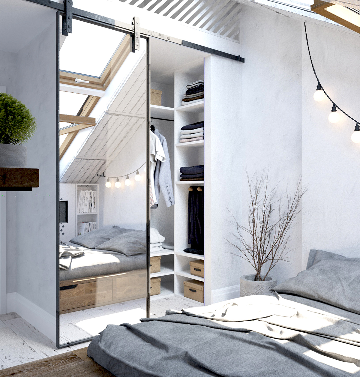 Interior mansard Scandinavian bedroom