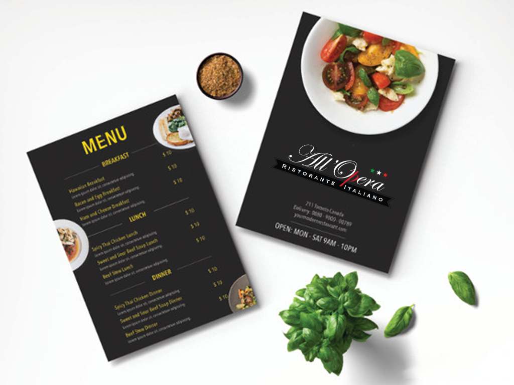 Material designed for the All Opera Restaurant: Business Card, Flyer and Me...