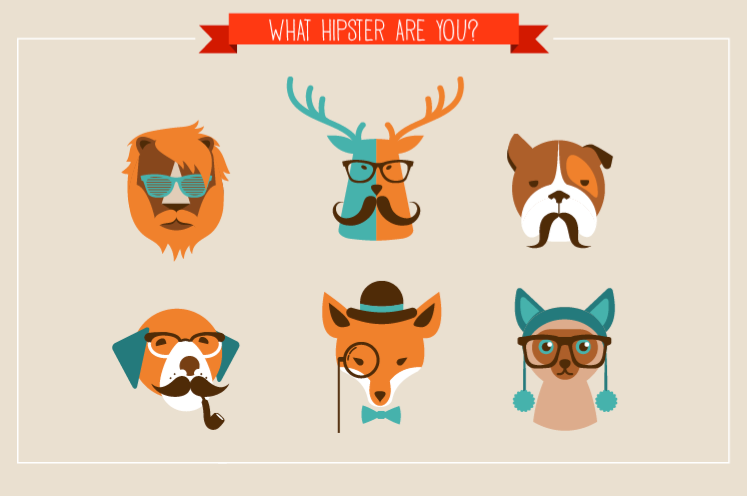 vintage Hipster animals pets Cat dog bulldog FOX bear pattern Icon vector background infographic glasses