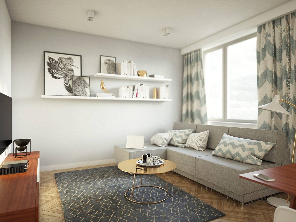 design Interior warszawa apartment blue White wood gold wallpaper