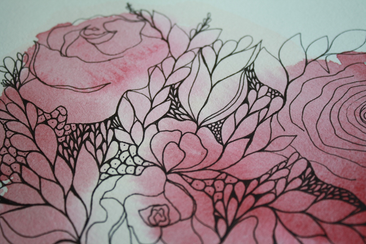 Roses watercolor watercolour flower ink pen red pink leafs pattern black White design mehndi henna