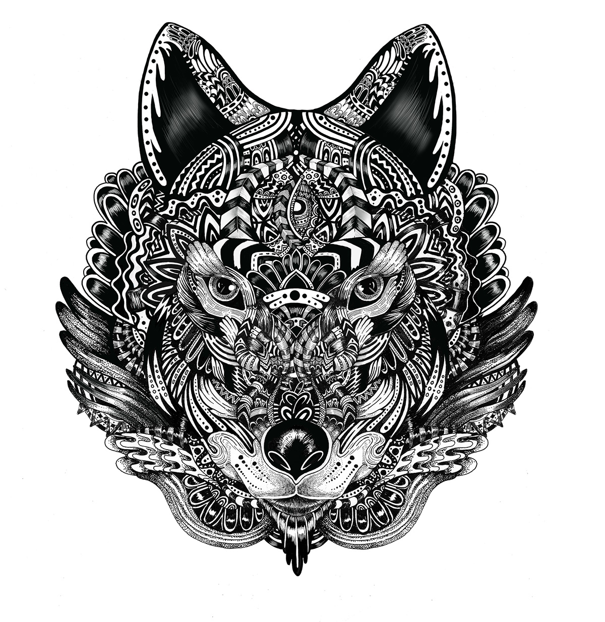 owl deer bear wall tattoo rapidograph pencil art black White animals characters
