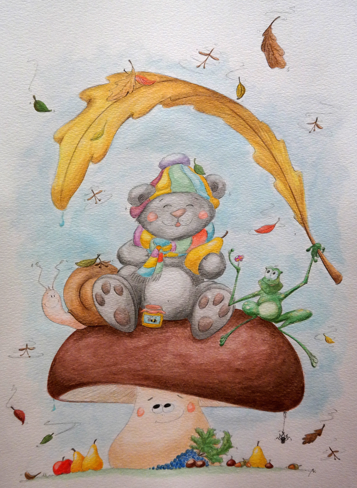 ChildrenIllustration animal TeddyBear frog snail mushroom autumn watercolor aquarelle