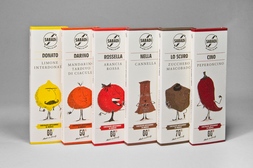 Sabadì Happycentro chocolate Cioccolato di Modica Packaging Italian food mascotte color Flavours