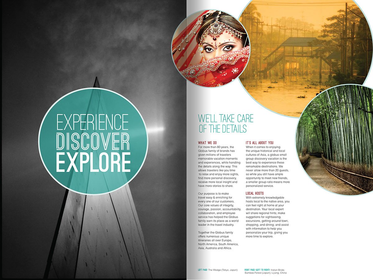 Adobe Portfolio Globus magazine catalog Travel japan Thailand asia print spread circles