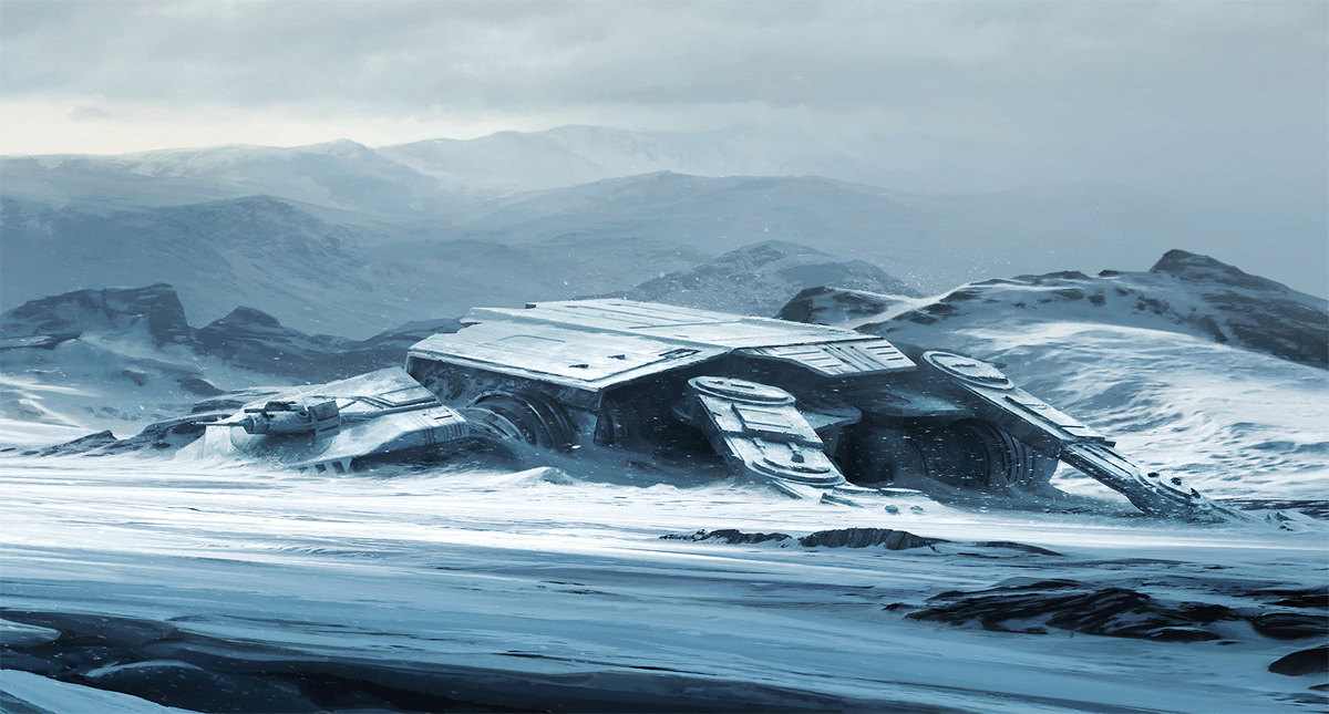 Official limited edition Star Wars Art Print detail of Hoth snowscape with destroyed AT-AT