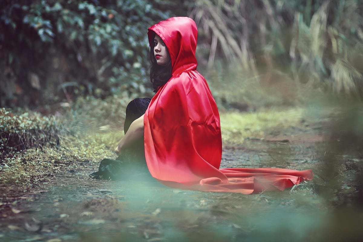 mystery conceptual photograph concept fairy tale wood girl Lady Red riding hood weird Portraiture darness