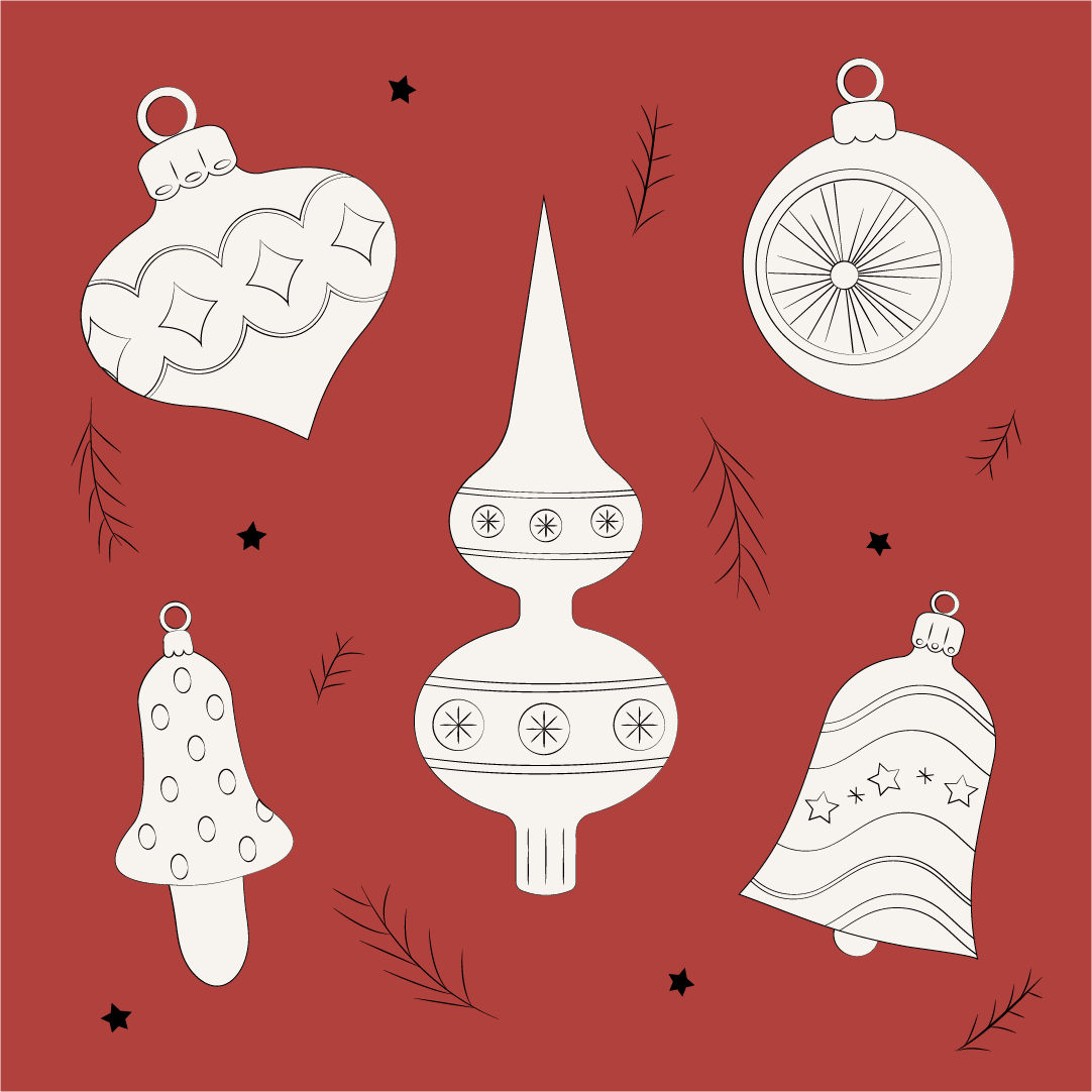 Different types of Christmas illustrations on the red background
