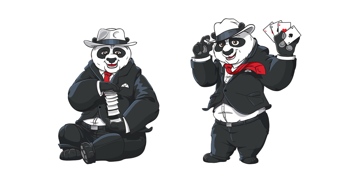loco Panda  black White Poker casino hat suit cards cravat red playing sitting standing sketches
