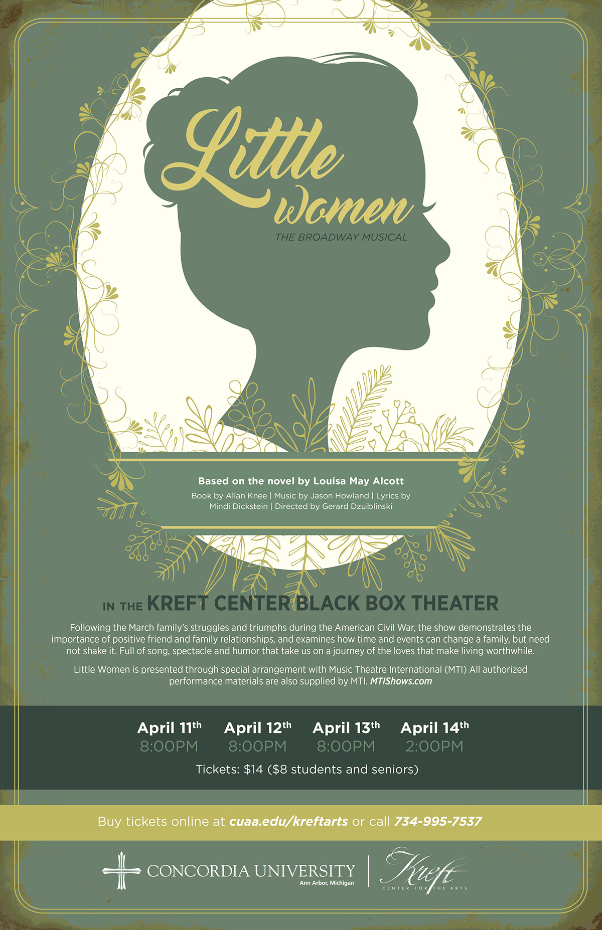 Silhouetted woman framed by floral accents with musical title "Little Women"